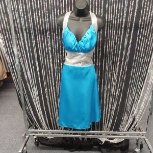 Turquoise Satin and Silver Sequin Cocktai Dress